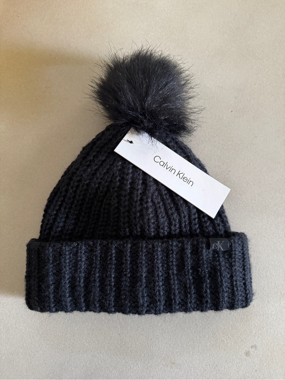 Calvin Klein Black Ribbed Pom Pom Beanie